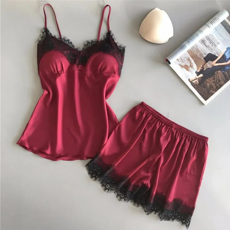 LuxeFit Satin Lace Babydoll & Shorts Pajama Set