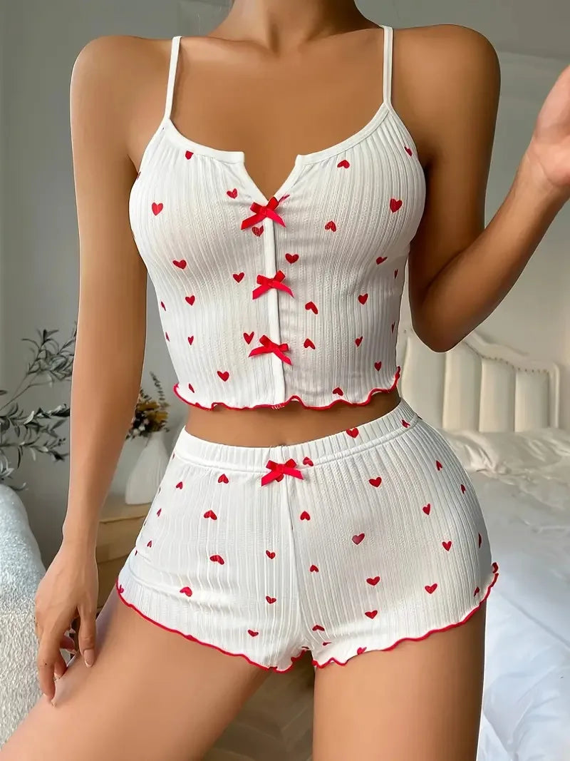 LuxeFit Heart Print Ribbed Cami & Shorts Set