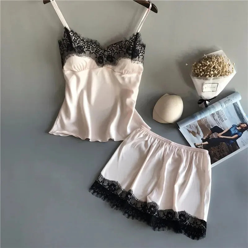 LuxeFit Satin Lace Babydoll & Shorts Pajama Set