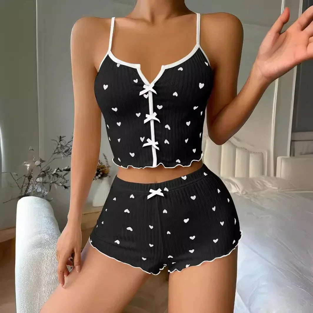 LuxeFit Heart Print Ribbed Cami & Shorts Set
