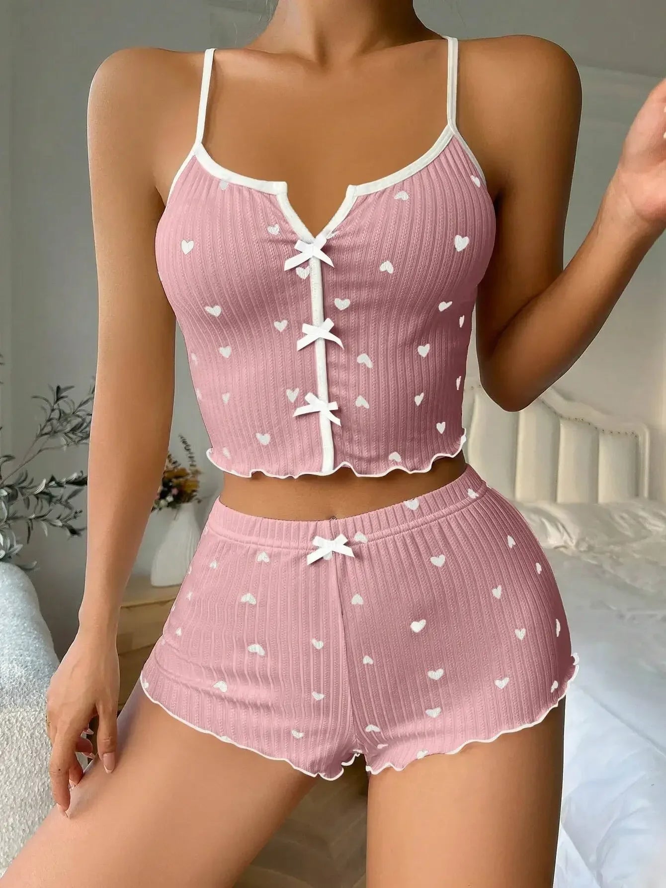 LuxeFit Heart Print Ribbed Cami & Shorts Set