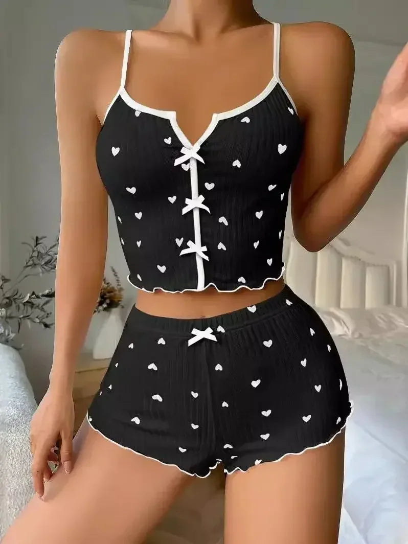 LuxeFit Heart Print Ribbed Cami & Shorts Set