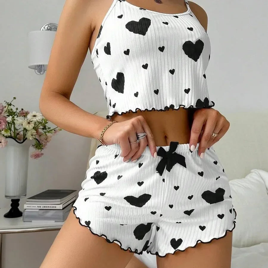LuxeFit Heart Print Backless Cami & Shorts Set