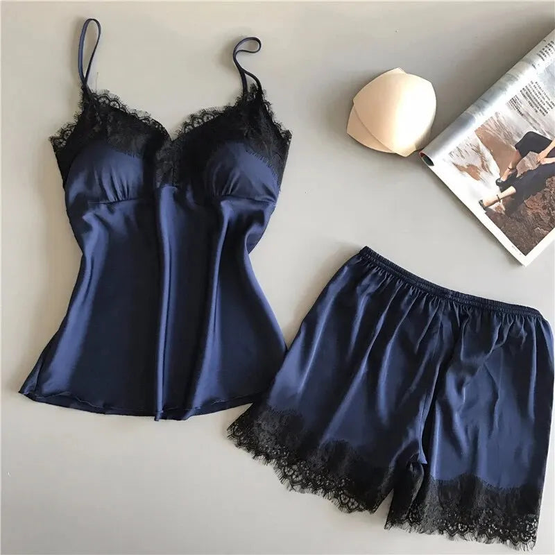 LuxeFit Satin Lace Babydoll & Shorts Pajama Set