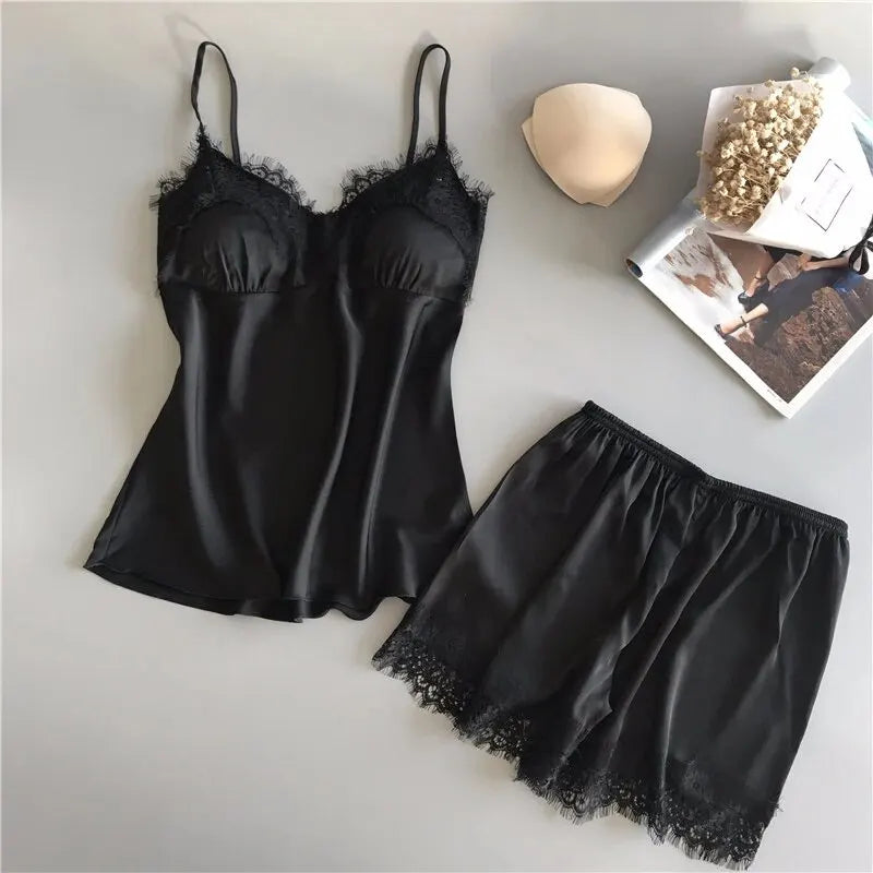 LuxeFit Satin Lace Babydoll & Shorts Pajama Set