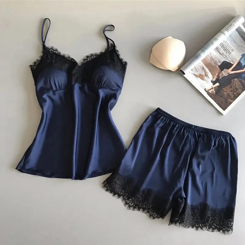 LuxeFit Satin Lace Babydoll & Shorts Pajama Set