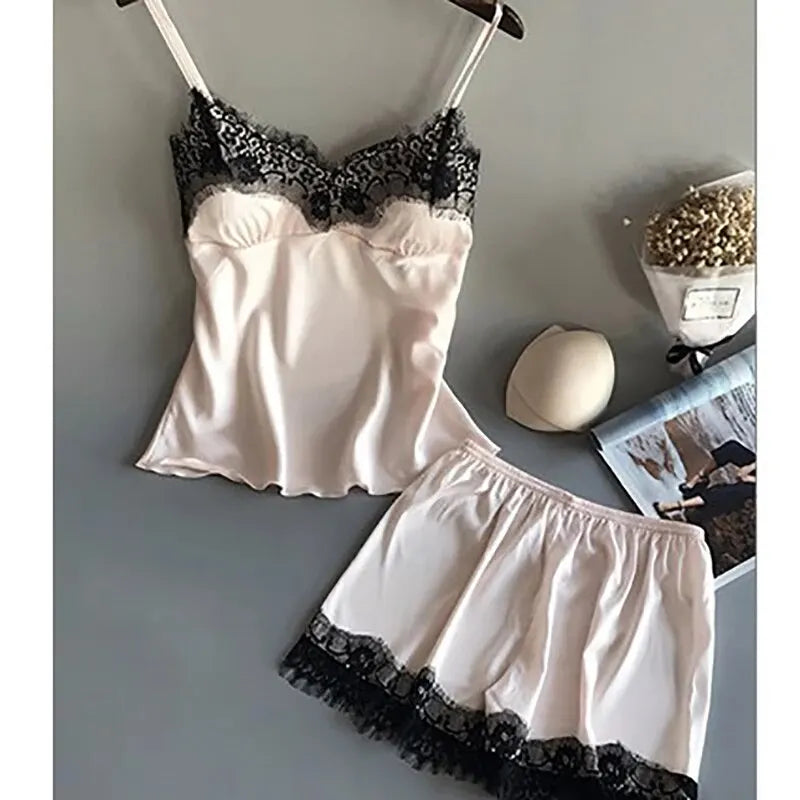 LuxeFit Satin Lace Babydoll & Shorts Pajama Set