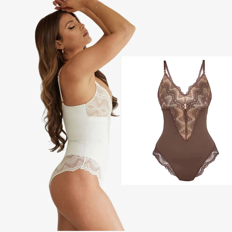 Luxe Lace V-Neck Sculpting Bodysuit: Snap Crotch & Light Control