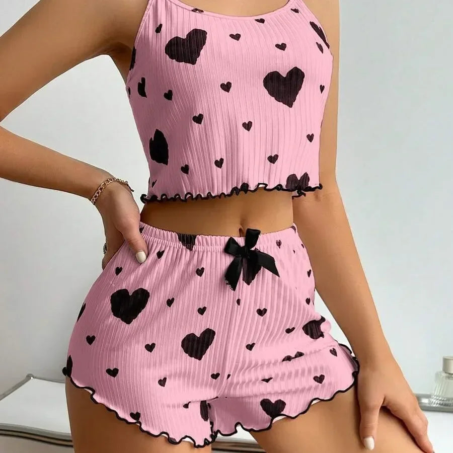LuxeFit Heart Print Backless Cami & Shorts Set