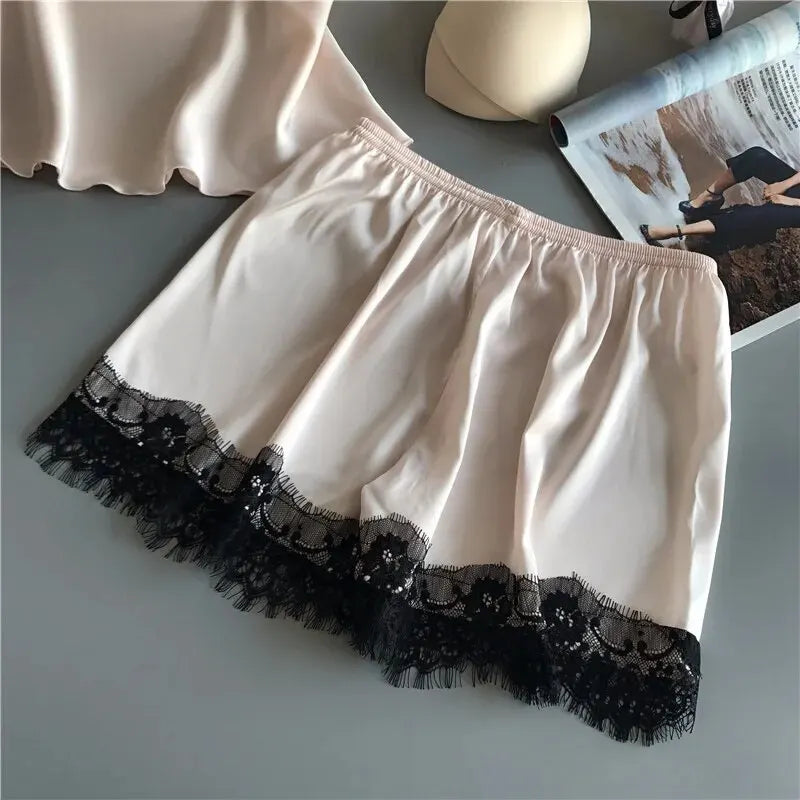 LuxeFit Satin Lace Babydoll & Shorts Pajama Set