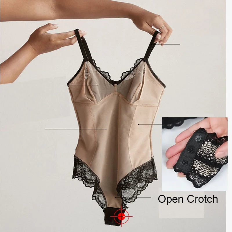 Luxe Lace V-Neck Sculpting Bodysuit: Snap Crotch & Light Control